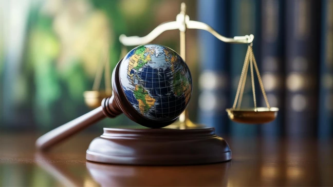 Voorzittershamer met wereldbol en weegschaal, symbolisch voor de wettelijke voorschriften en eisen voor KiK op het gebied van ESG