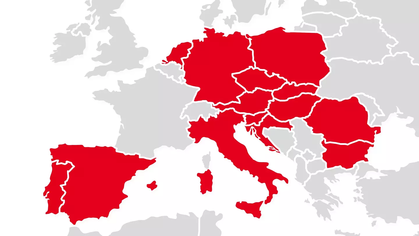 Kaartfragment met alle 14 Europese KiK-landen, waar meer dan 4.200 filialen te vinden zijn