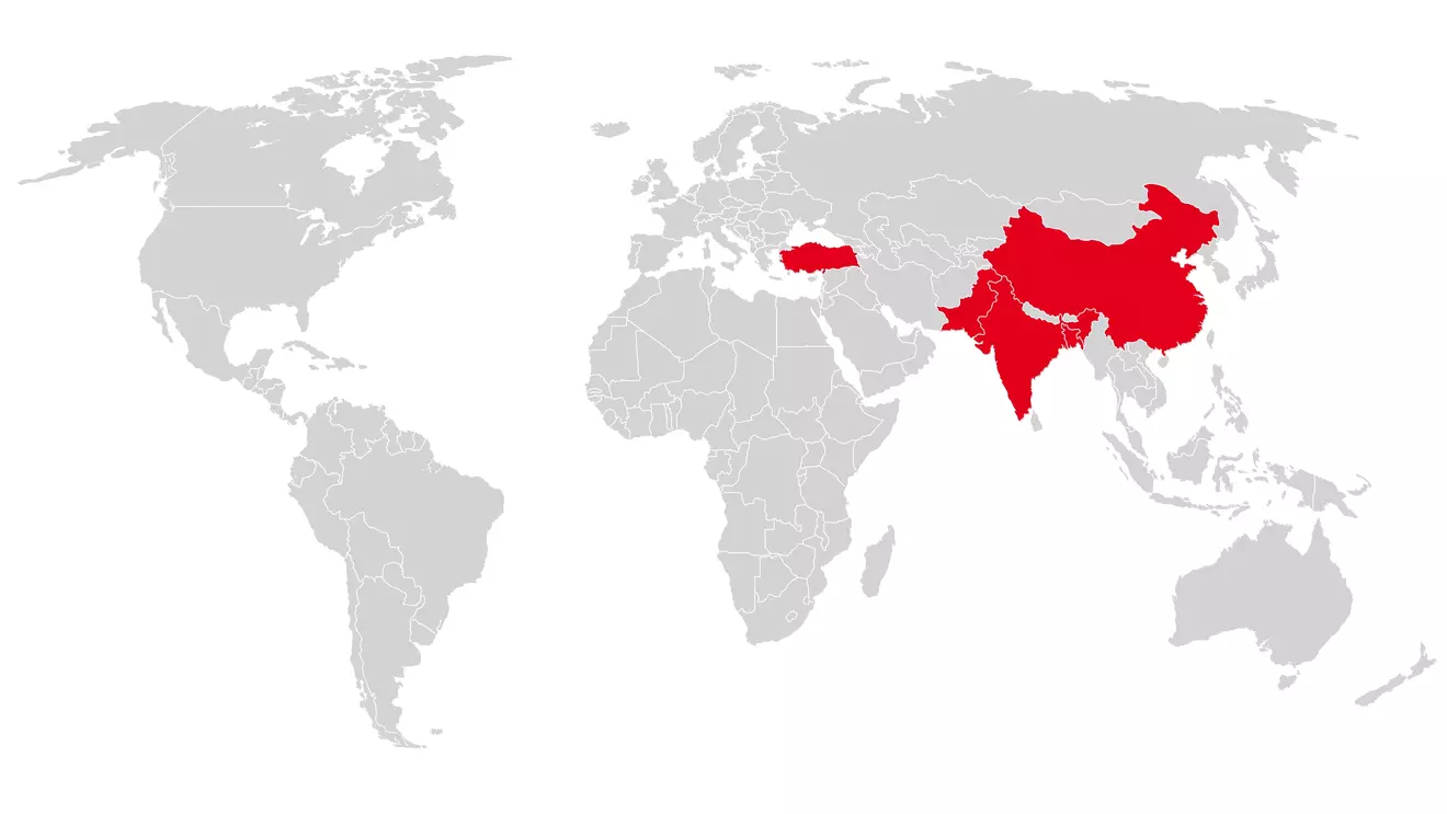 Weltkarte mit den Hauptproduktionsländern von KiK Türkei, Pakistan, Indien, Bangladesch und China
